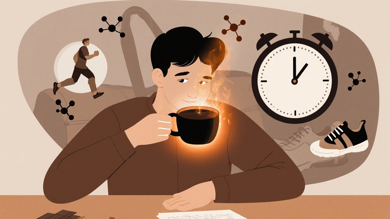 Человек пьёт чёрный кофе до 14:00, вокруг — символы сжигания жира