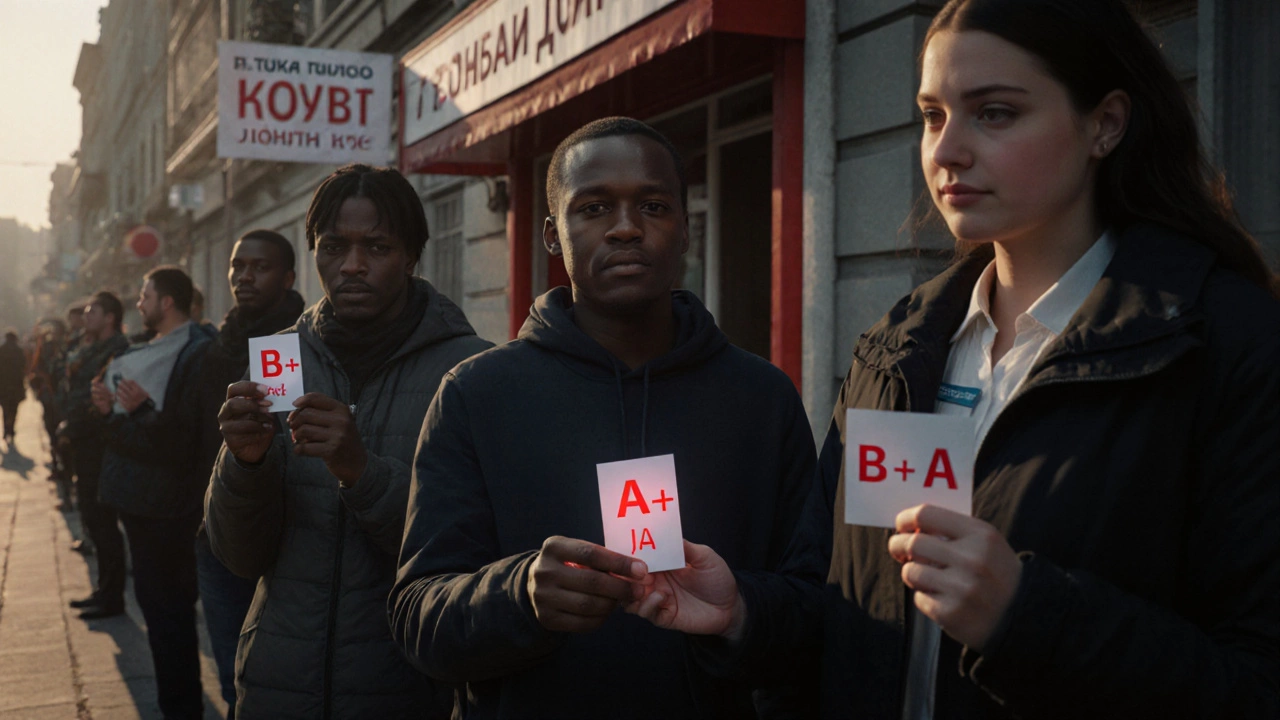 Доноры с редкими группами крови стоят у центра переливания, держа карточки с типами крови.