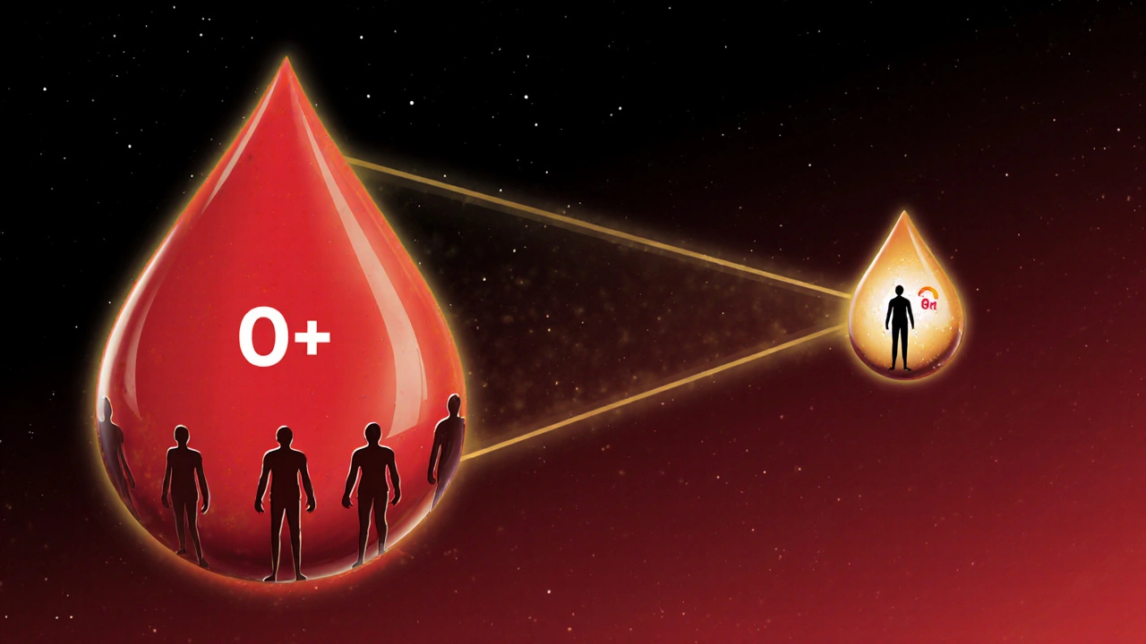 Две капли крови: большая O+ охватывает большинство людей, маленькая O- спасает одного.
