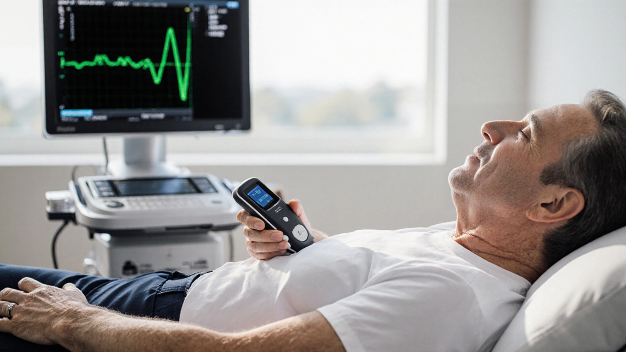 Пациент проходит FibroScan: лежит, врачу прикладывают датчик к правому боковику.