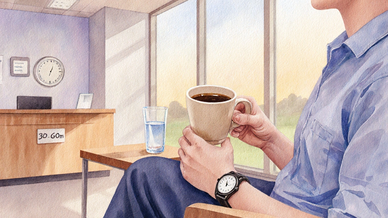 Пациент с лёгкой чашкой кофе, часы показывают 30‑60 минут до сдачи крови, стоит у лабораторного приёма.
