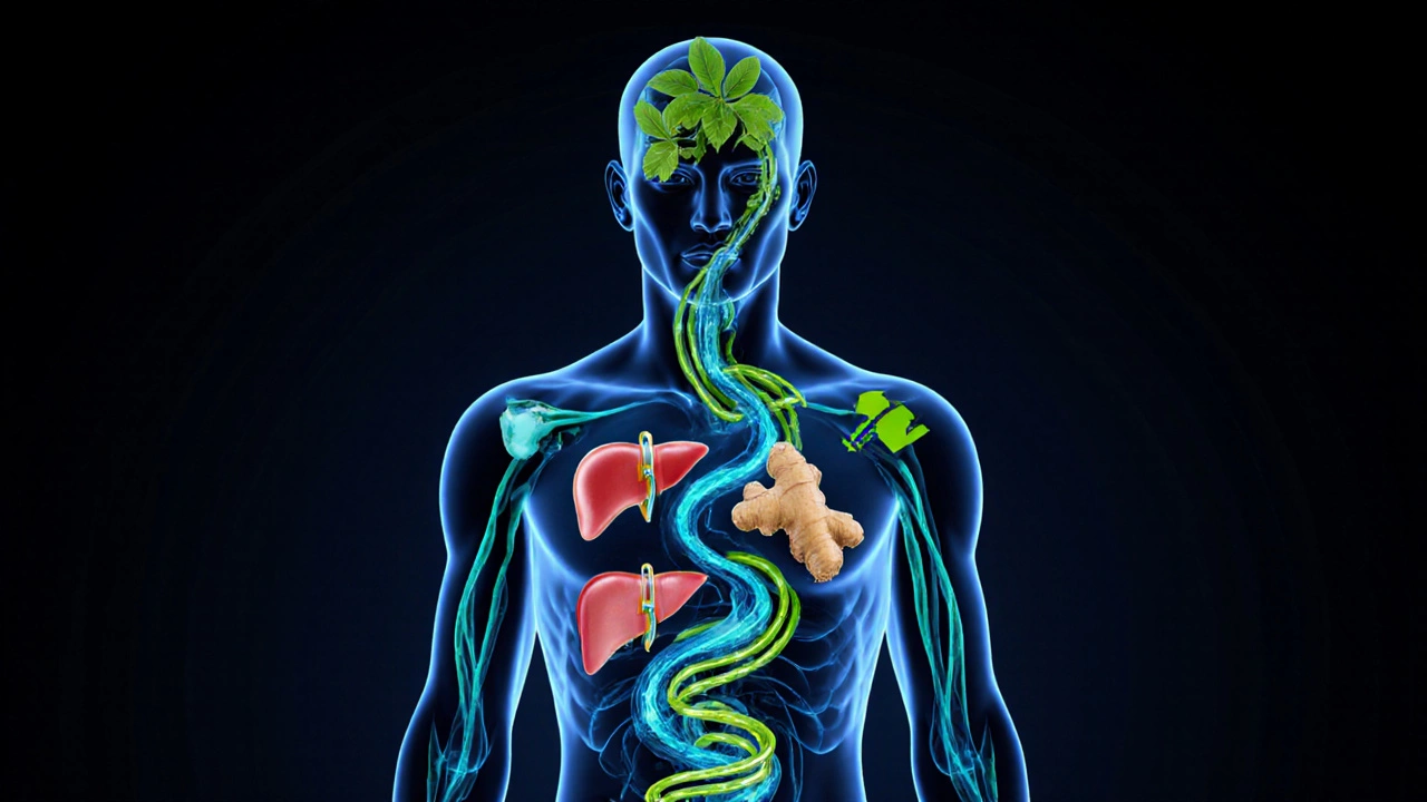 Силуэт человека с внутренними потоками воды, зелёного чая и имбиря, символизирующими обмен веществ