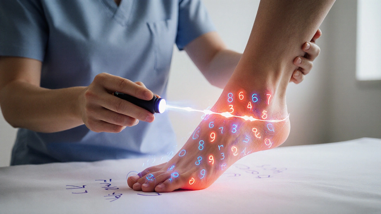 Человек мягко двигает травмированной стопой, вокруг — световые волны лазерной терапии, терапевт с устройством.