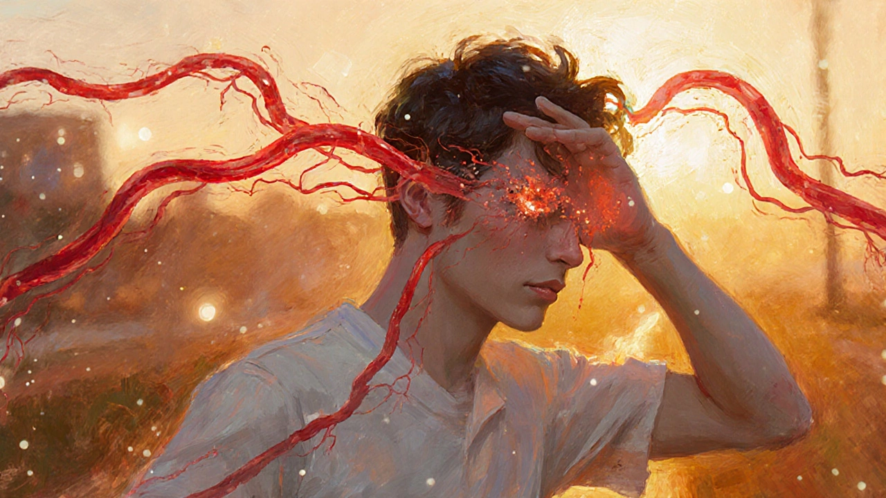 Человек на закате с закрытыми глазами, вокруг которых текут кровяные потоки.