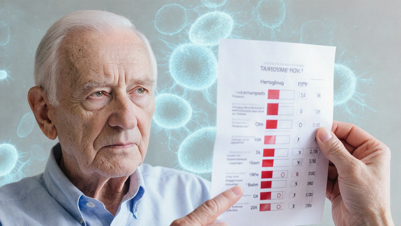 Человек с результатами анализа крови, врач указывает на отклонения, фон — прозрачные опухолевые клетки.
