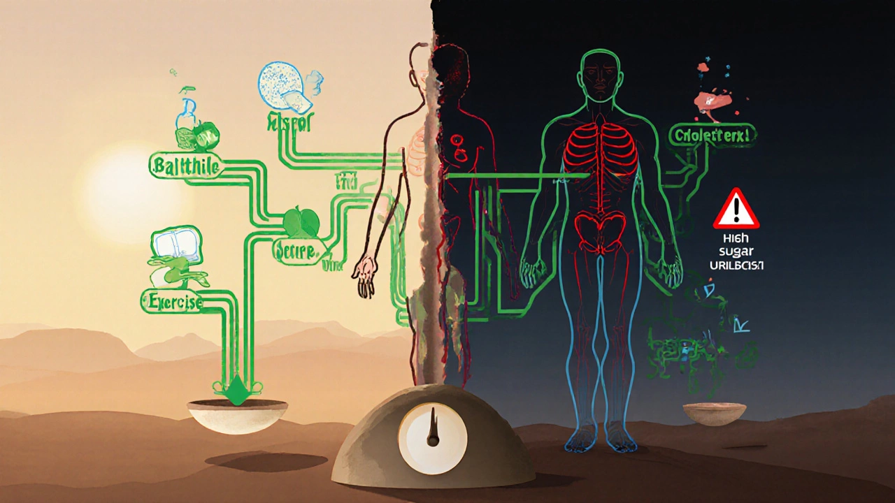 Два противоположных образа тела: здоровое с зелеными путями и больное с красными сигналами тревоги.