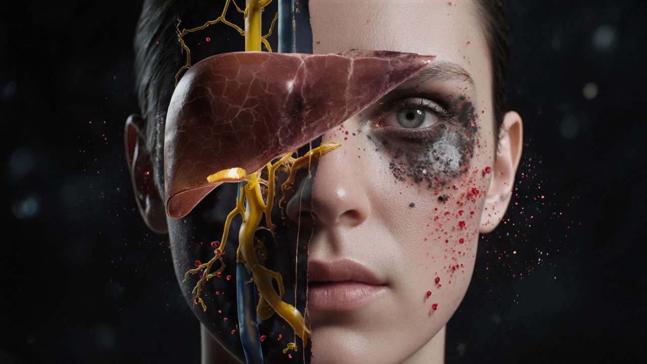 Концептуальное изображение лица, связанного с печенью через желчные протоки и токсины, символизирующее внутренний дисбаланс.