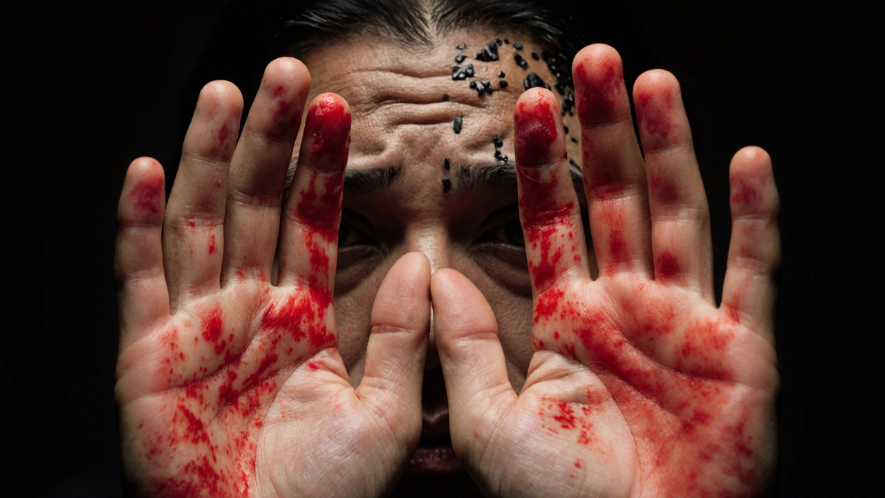 Красные ладони с заметными сосудами на фоне лица с признаками желтухи и сухости кожи.