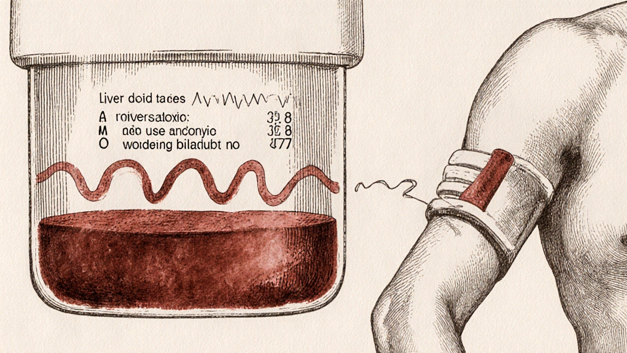 Кровь, берущаяся из руки, с прозрачным видом печени, обрабатывающей токсины и производящей белки.