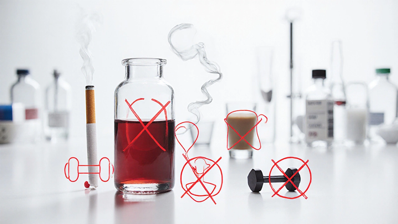 Кровяная пробирка окружена запрещёнными предметами — сигаретой, кофе, алкоголем, таблетками и гирей, все перечёркнуты красными линиями.