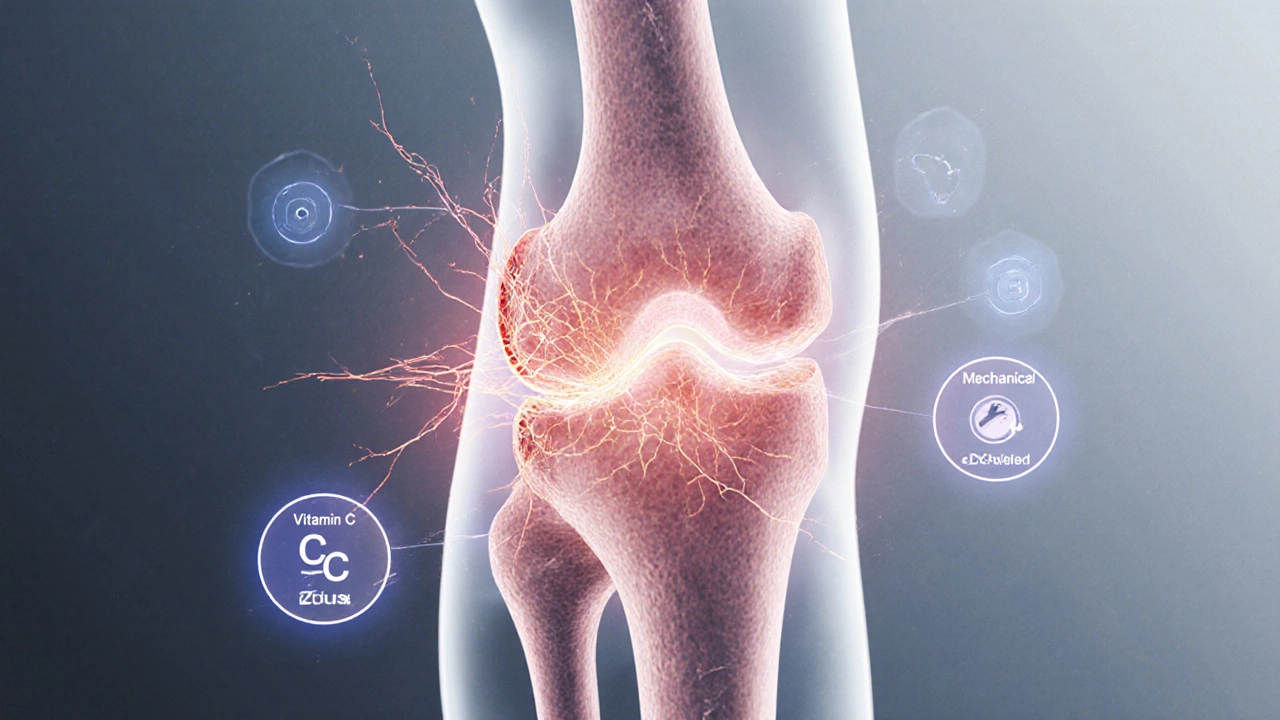 Микроскопическое изображение восстанавливающихся коллагеновых волокон в связке с визуализацией питательных веществ.