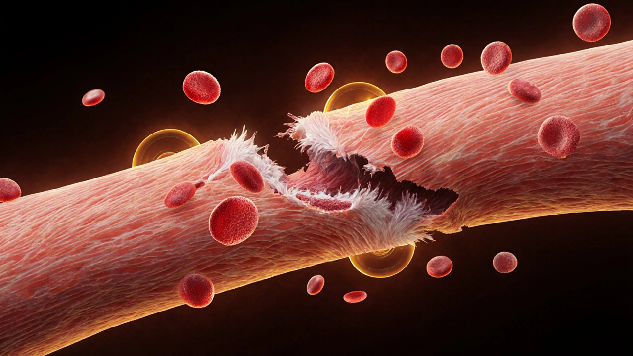 Микроскопическое изображение восстанавливающихся мышечных волокон с клетками воспаления и кровообращения.
