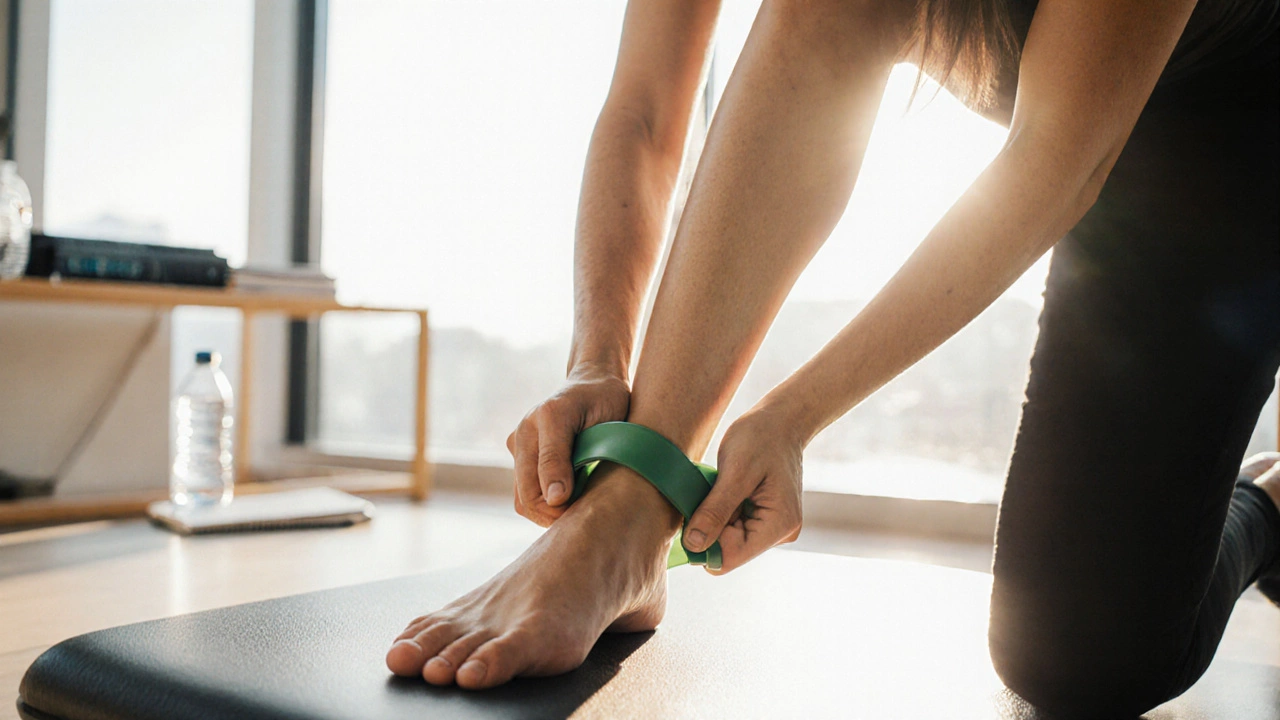 Пациент выполняет упражнение с физиотерапевтом в светлом кабинете, используя резиновую ленту.