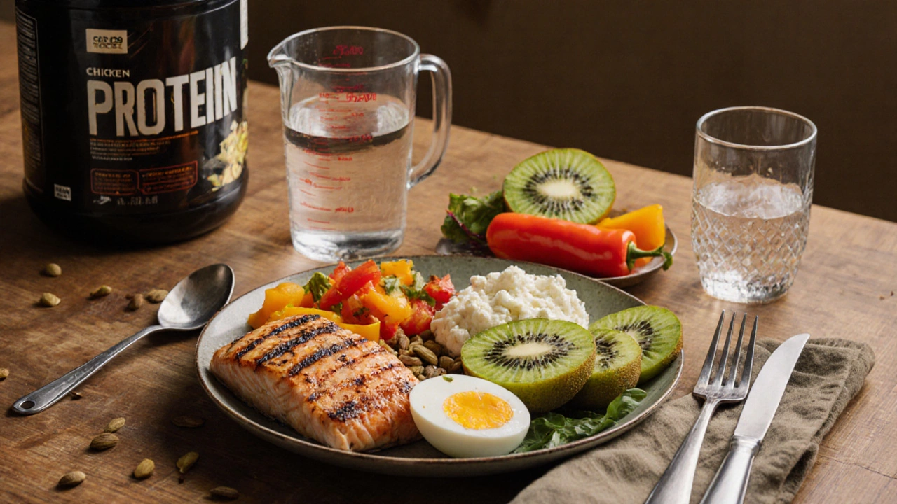 Полезная еда для восстановления: рыба, яйца, овощи, семена и вода на деревянном столе.