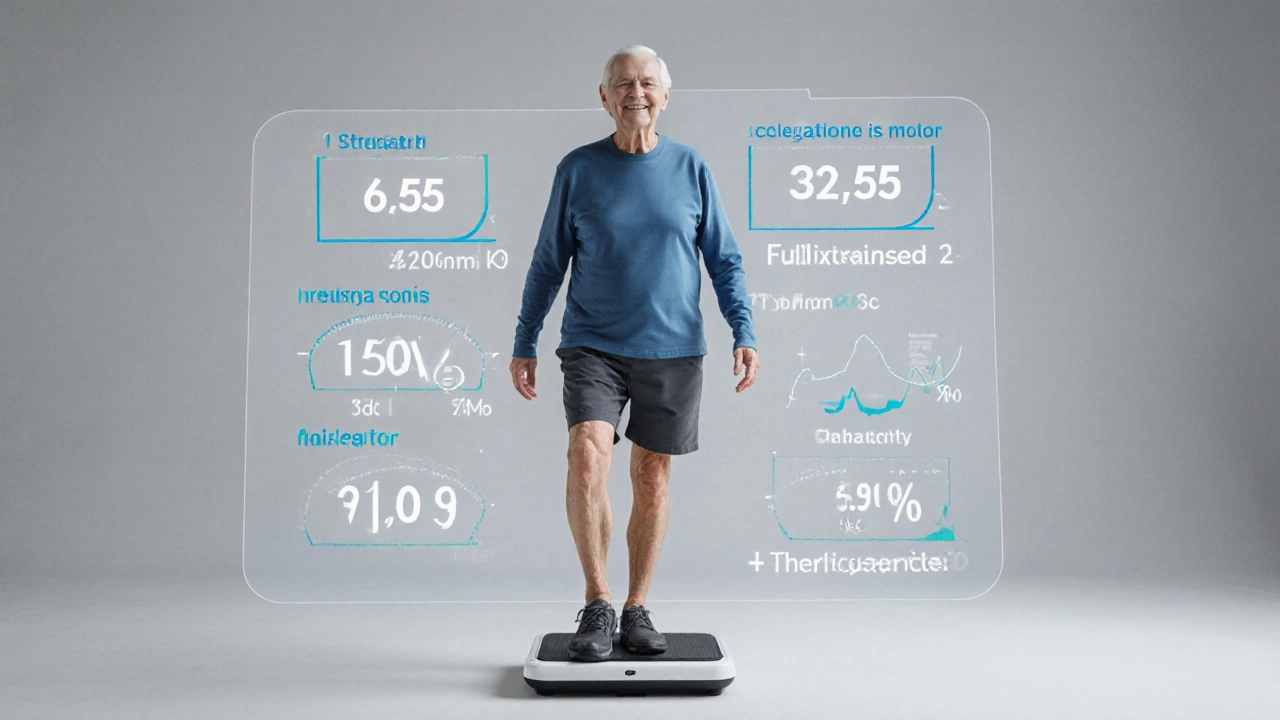 Пожилой человек стоит на одной ноге на баланс-подушке, демонстрируя восстановление равновесия после травмы.