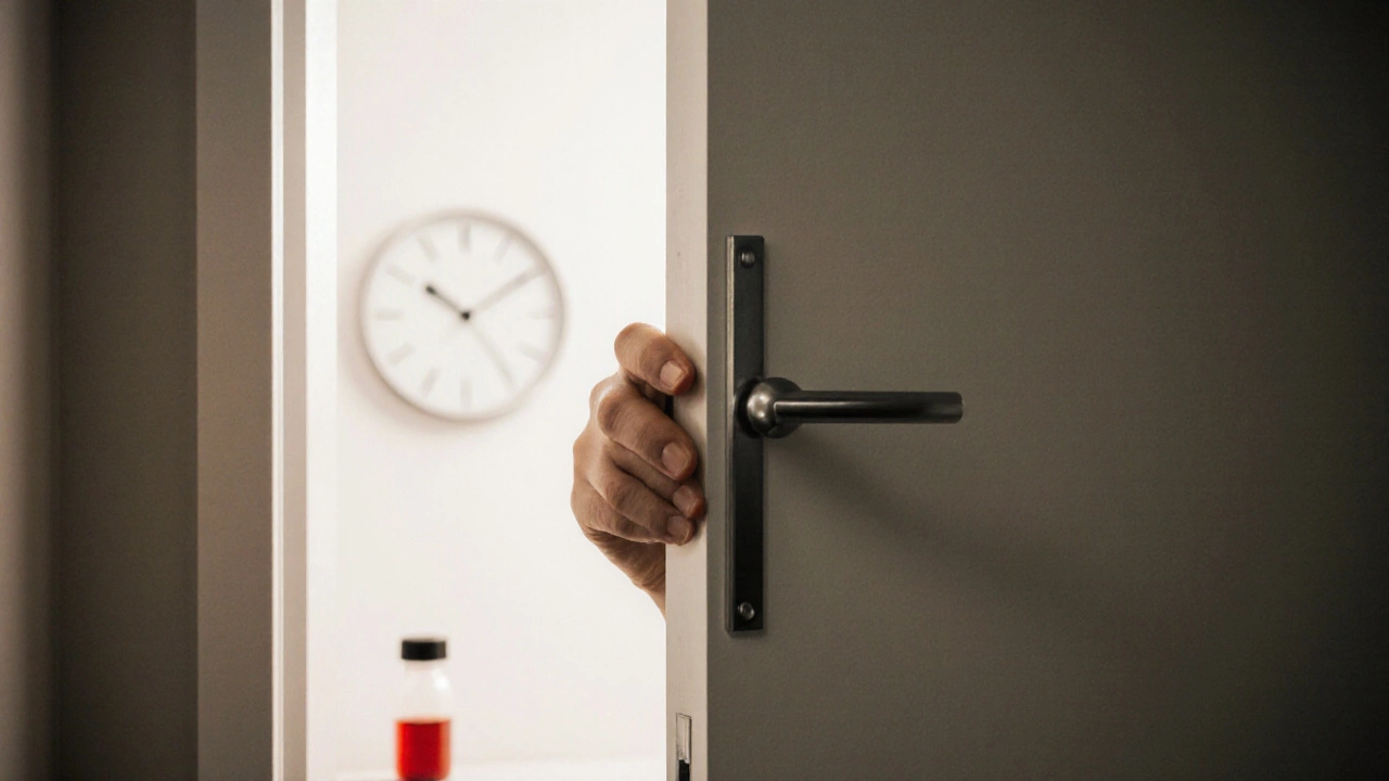 Рука открывает дверь туалета в клинике, символизируя подготовку к сдаче анализа.