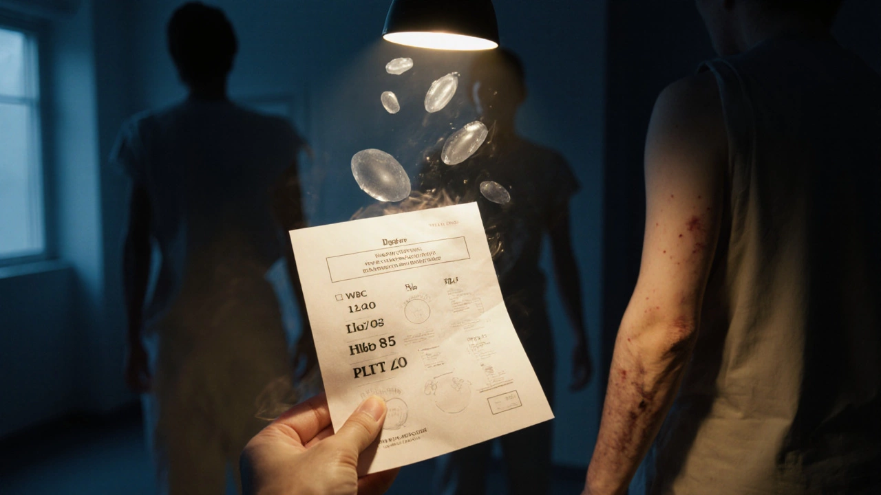 Рука с анализом крови и цифрами, из которых поднимаются призрачные бласты