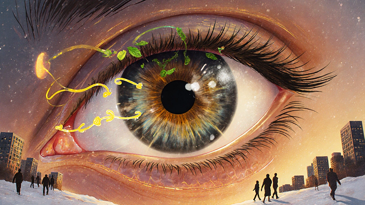 Схема глаза с питательными веществами, поступающими из еды к сетчатке, на фоне городского пейзажа.