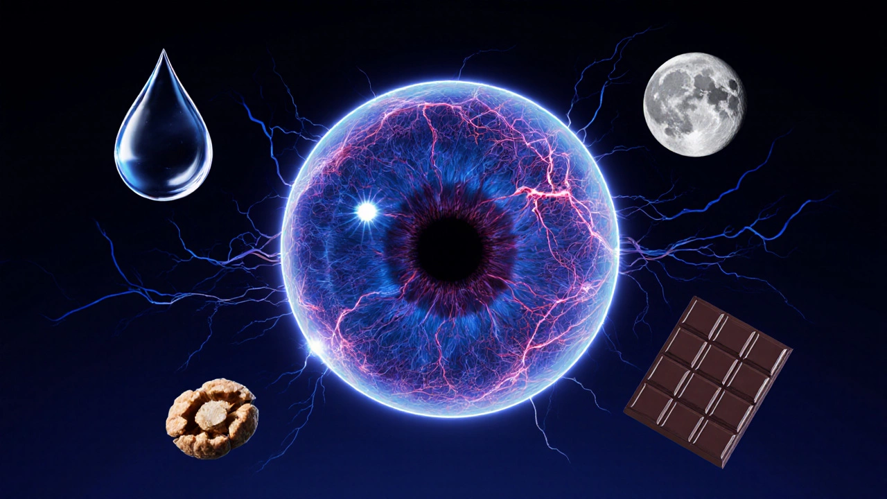 Схема сетчатки с кровеносными сосудами, окружённая символами воды, ореха и тёмного шоколада.