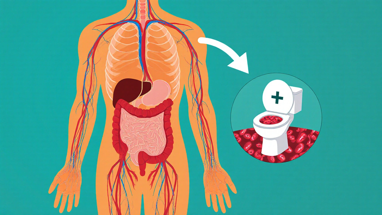 Схематичное изображение тела с кровотоком и мочевым пузырём, показывающее отсутствие влияния на кровь.