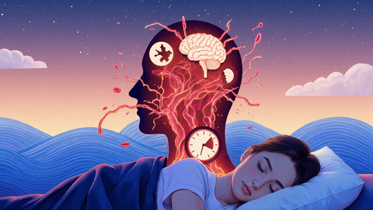 Силуэт человека с внутренним потоком крови, нарушенным символами стресса, еды и цикла, переходящим в спокойную синюю волну у рассвета.