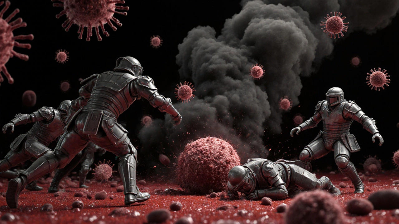 Символическая сцена битвы в крови между иммунными клетками и раковыми клетками.