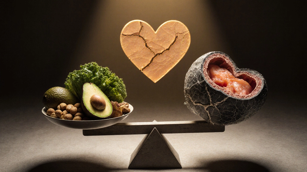 Весы: с одной стороны — здоровая еда, с другой — бляшки в артерии.