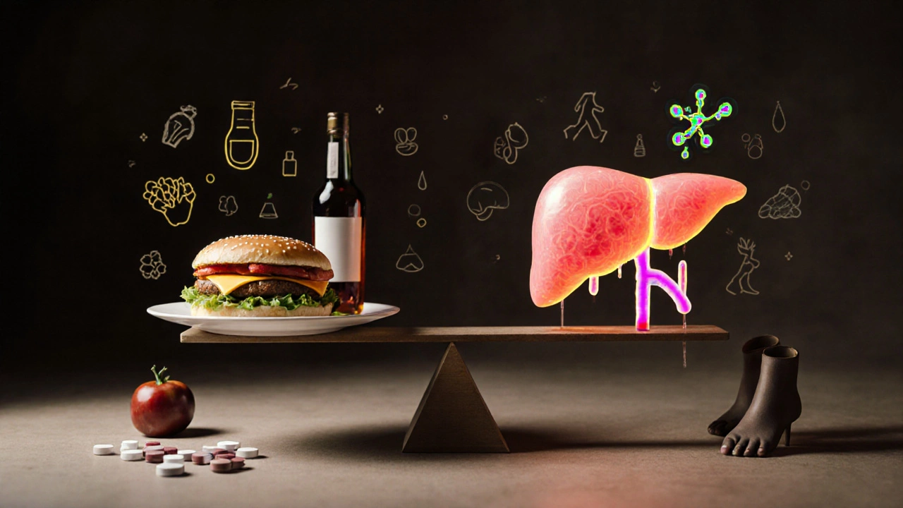 Весы, сравнивающие вредные привычки и здоровый образ жизни, с изображением печени между ними.
