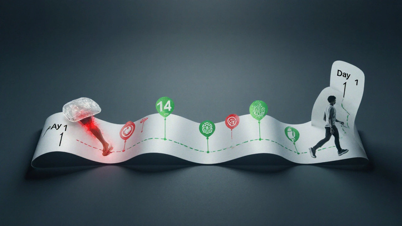 Визуальная хронология восстановления мышцы: от льда к уверенной ходьбе, с постепенным исчезновением боли.