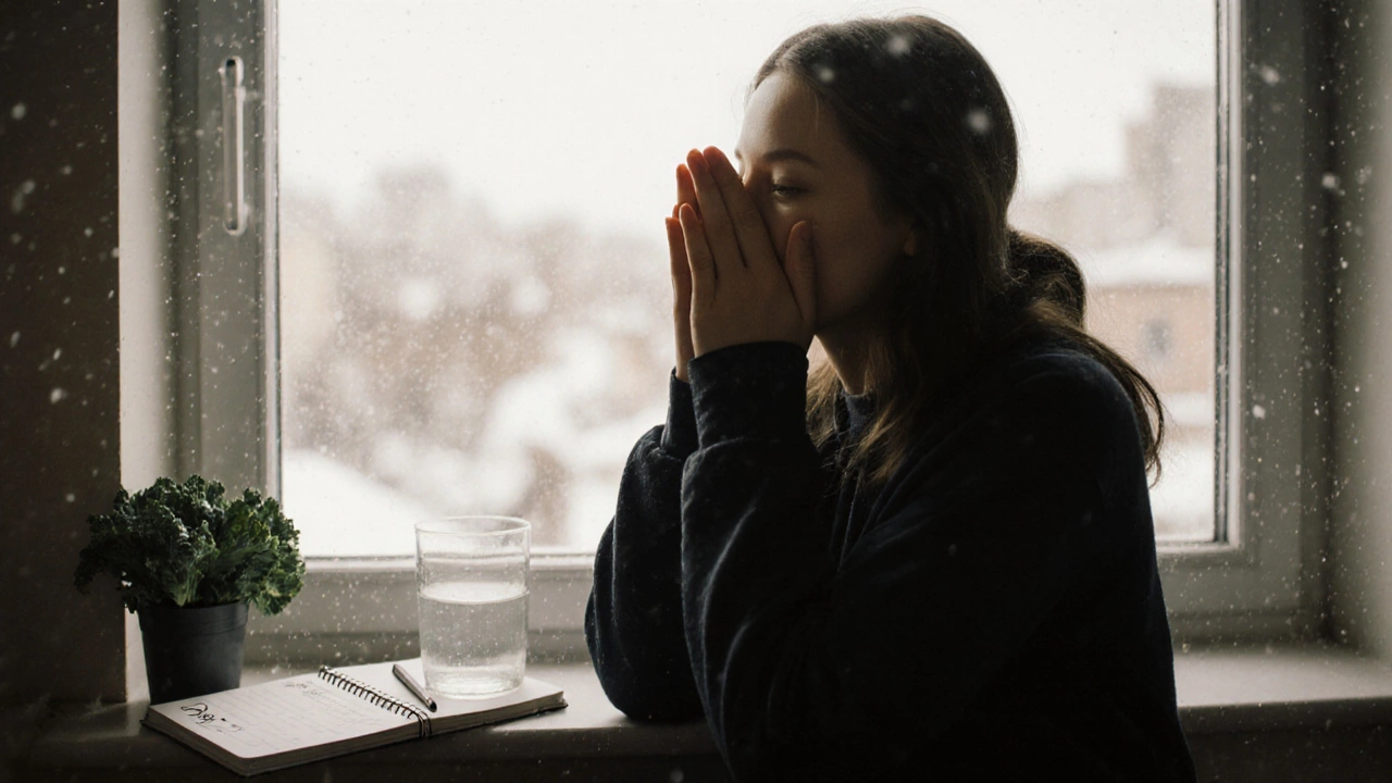 Женщина с теплыми ладонями на закрытых глазах у окна, за которым идет снег.