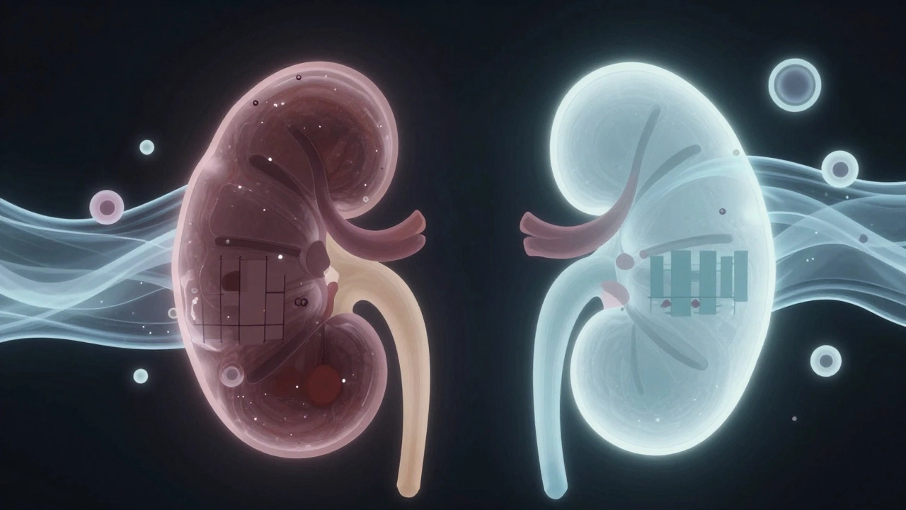 Абстрактное изображение почек с двумя потоками мочи: один концентрированный, другой разбавленный, символизирующие влияние сна на анализ.