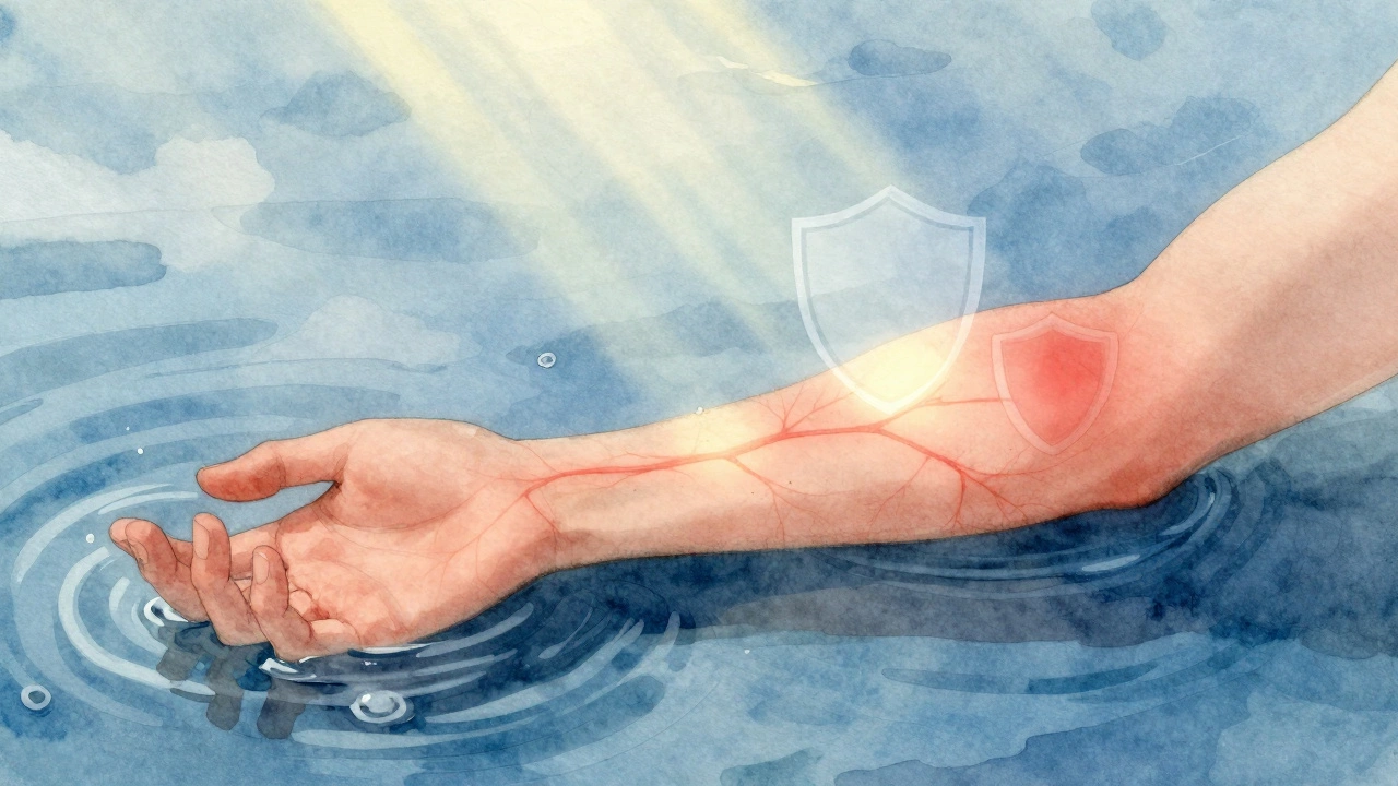 Абстрактное изображение тела с мягким кровеносным рисунком и водными каплями, символизирующее безопасное восстановление.