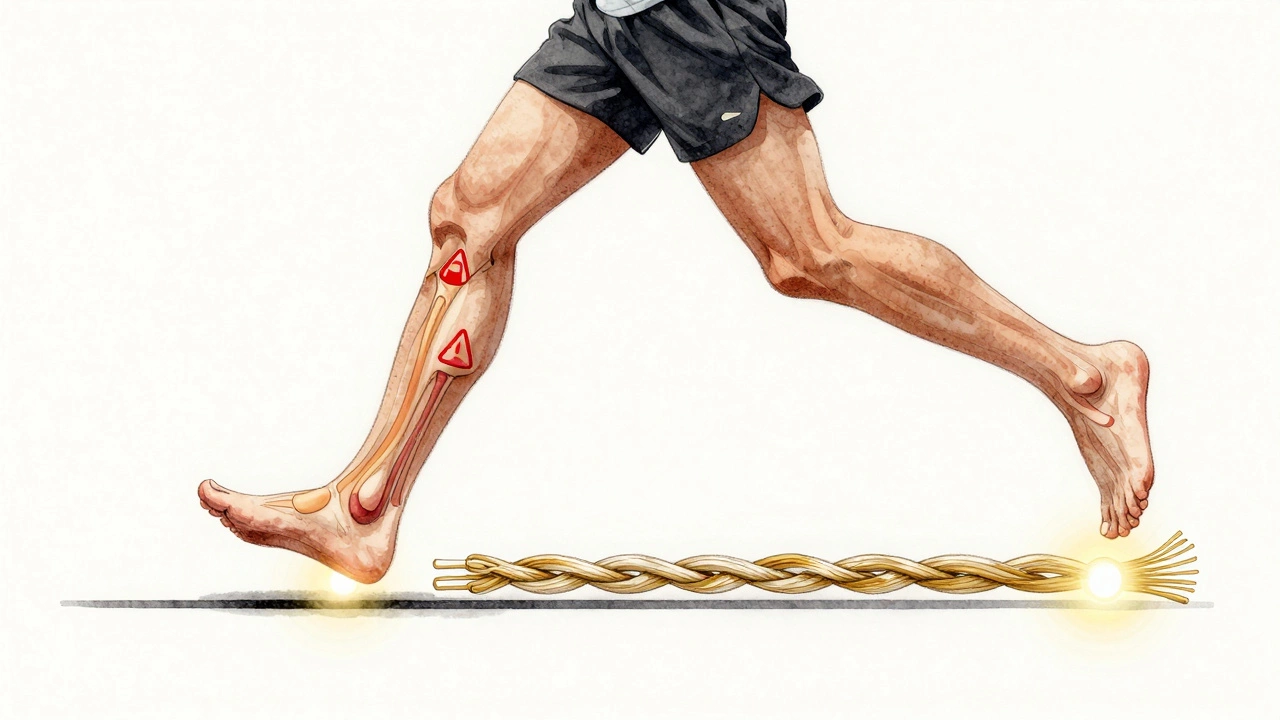 Бегун с художественной временной линией восстановления ахиллова сухожилия от повреждения до полного восстановления.
