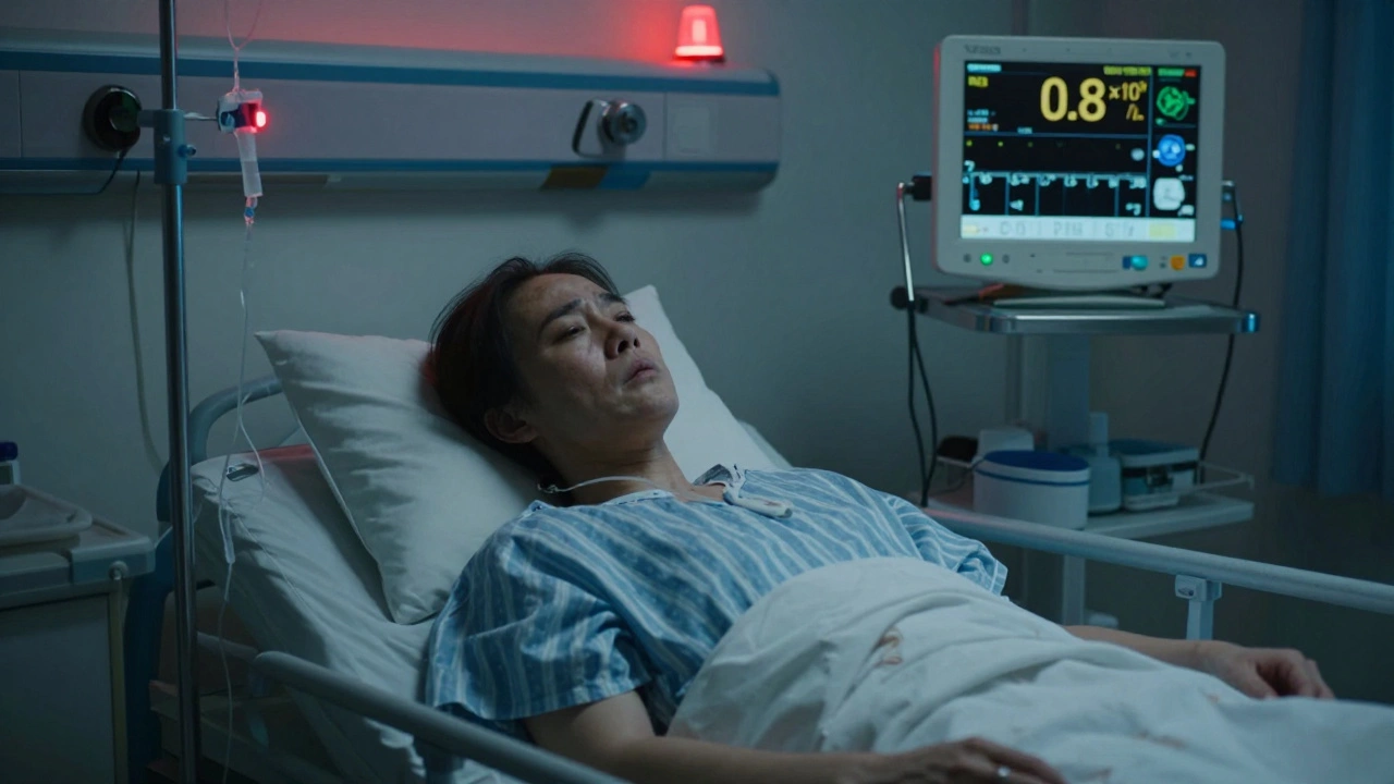 Больной в стерильной палате с низким уровнем лейкоцитов, подключенный к капельнице и монитору с тревожным показателем.