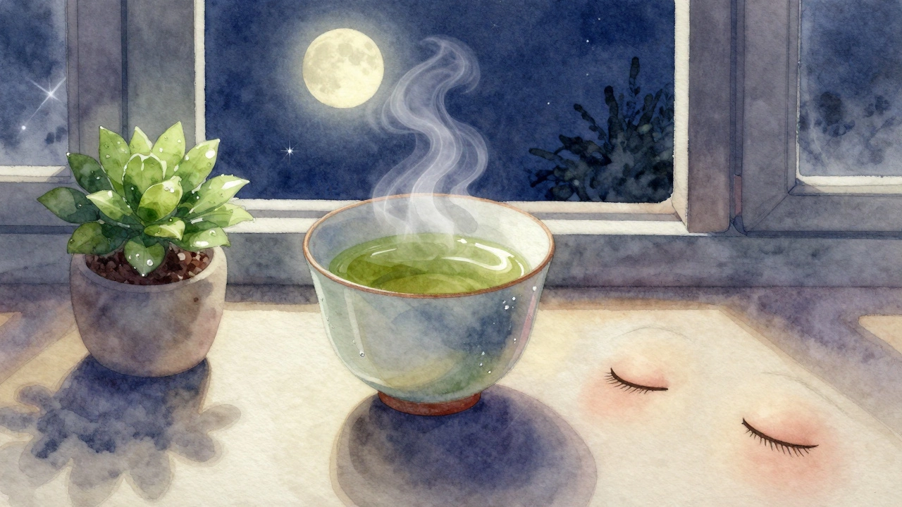 Чашка зеленого чая у окна при лунном свете