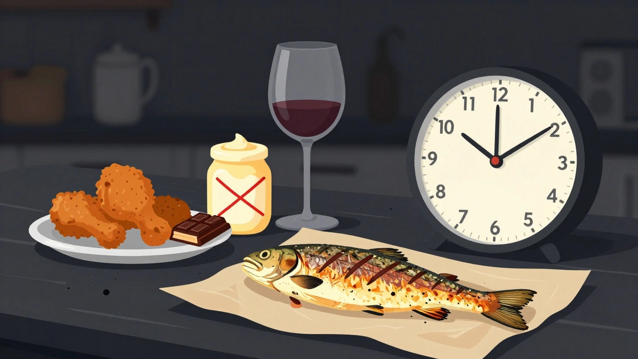 Часы показывают 20:00, рядом — запрещённые продукты: жареная курица, шоколад, вино и майонез.