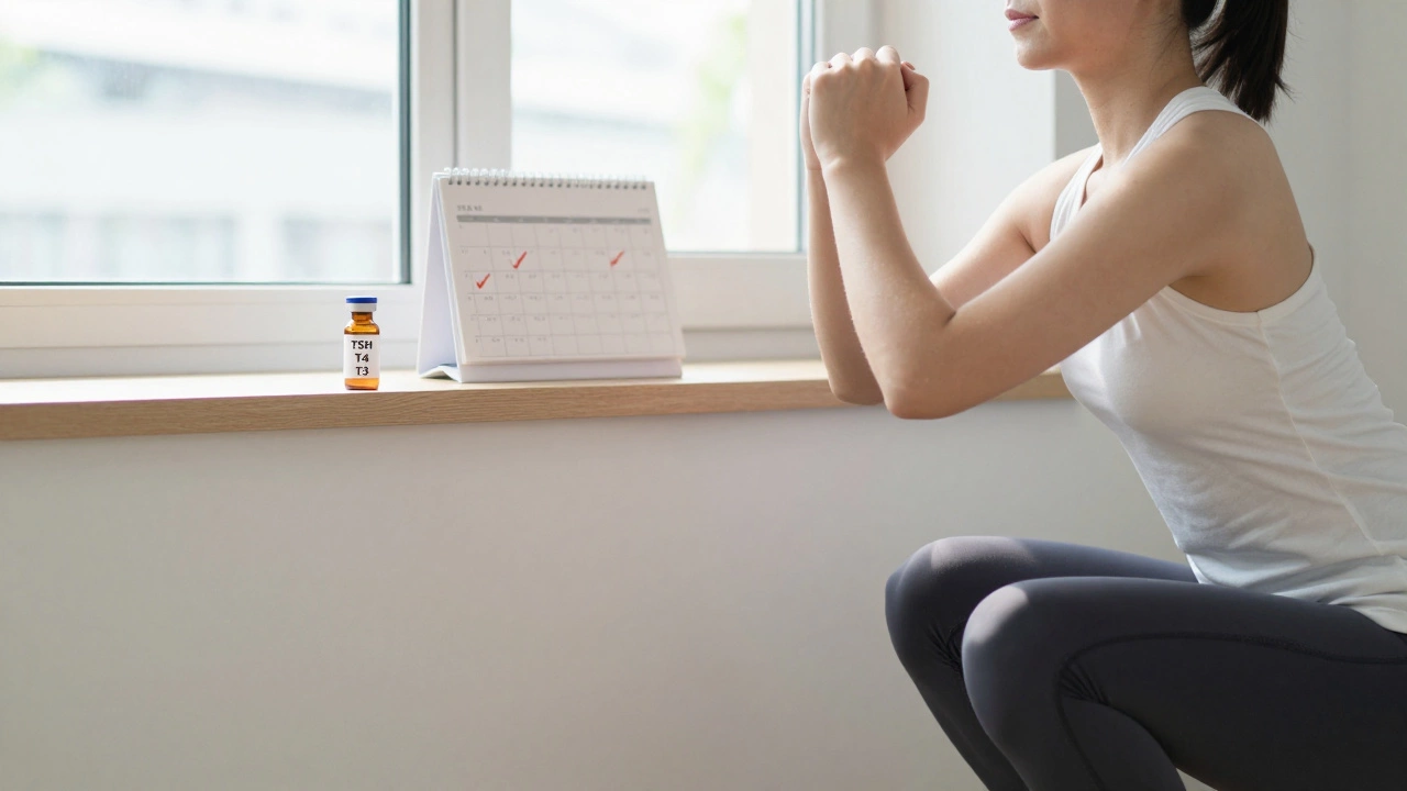 Человек делает приседания, на полке — анализы на гормоны щитовидной железы.