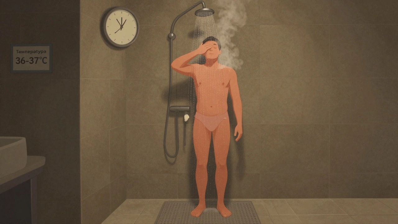 Человек принимает короткий прохладный душ через два часа после сдачи крови, ванная комната спокойная и безопасная.