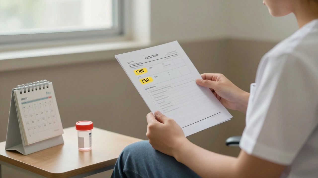 Человек с результатами анализа крови и пробиркой с калом в клинике, утром