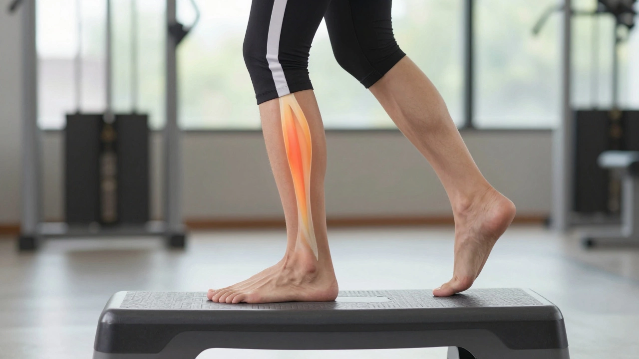 Человек выполняет эксцентрическое упражнение для ахиллова сухожилия