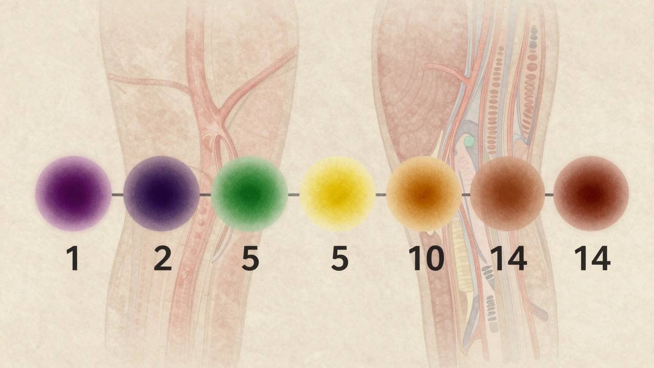 Цветовая эволюция синяка: от фиолетового через зеленый и желтый к коричневому, с изображением внутренних тканей.