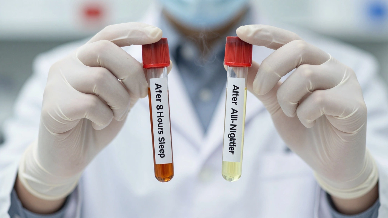 Две пробирки с мочой рядом: одна тёмная, одна светлая, подчёркивающие различия в результате после сна и бессонницы.