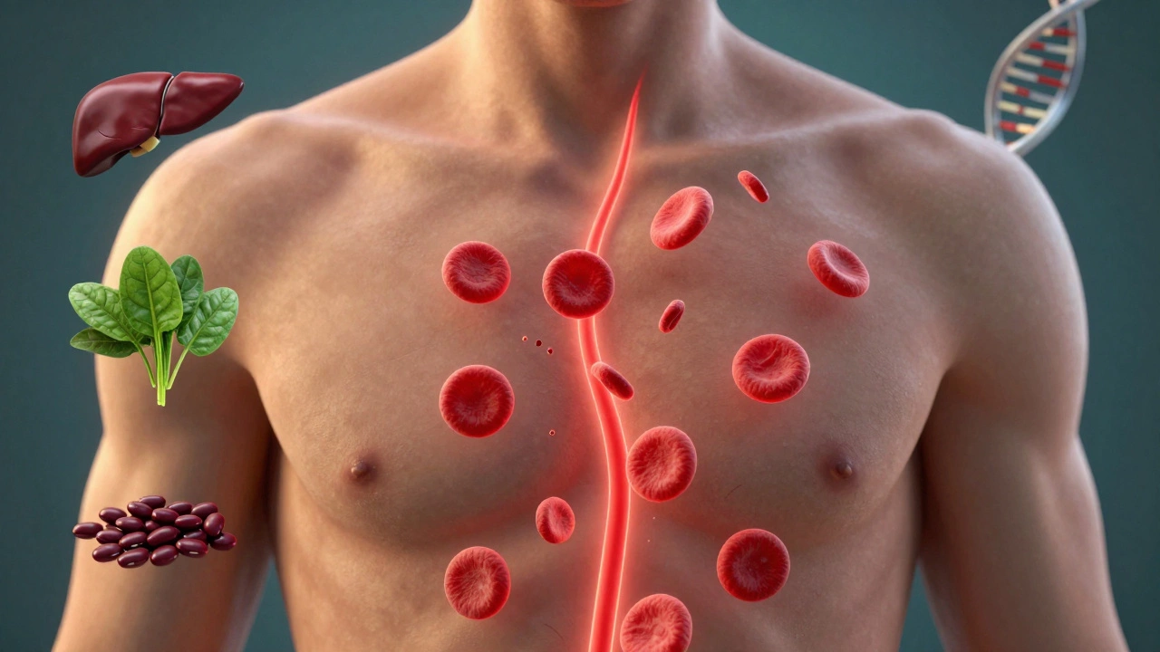 Графическое сравнение дефицита железа и талассемии через кровяные клетки и символы питания и ДНК.