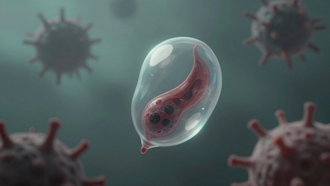 Художественное изображение кисты, маскирующейся под опухоль, в виде прозрачного шарика среди теней.