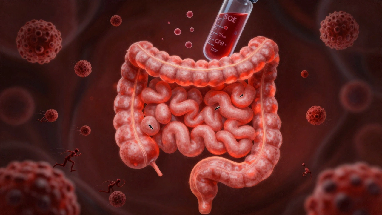 Художественное изображение воспалённого кишечника с иммунными клетками и маркерами в крови.