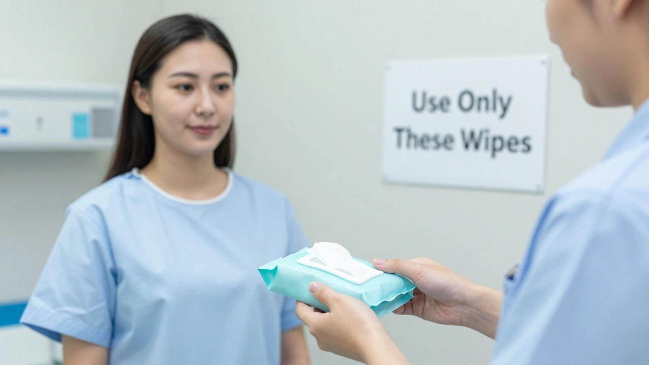 Медсестра передает женщине стерильные салфетки для сбора мочи в клинике.