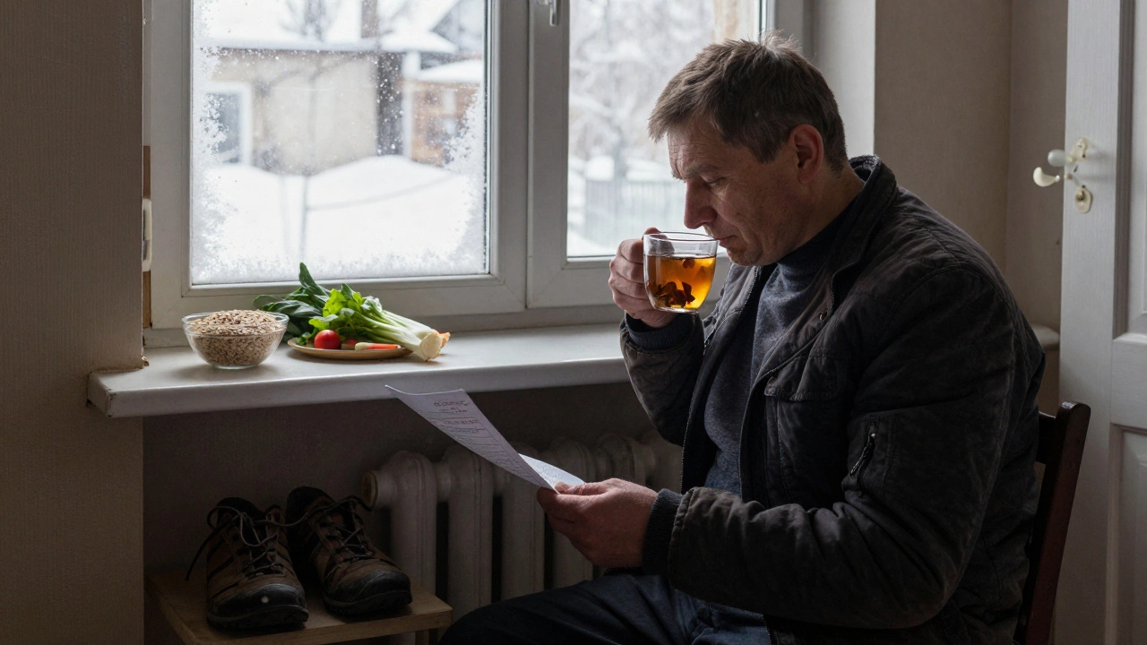 Мужчина в зимней квартире с анализом крови, овсянкой и обувью для прогулок на фоне