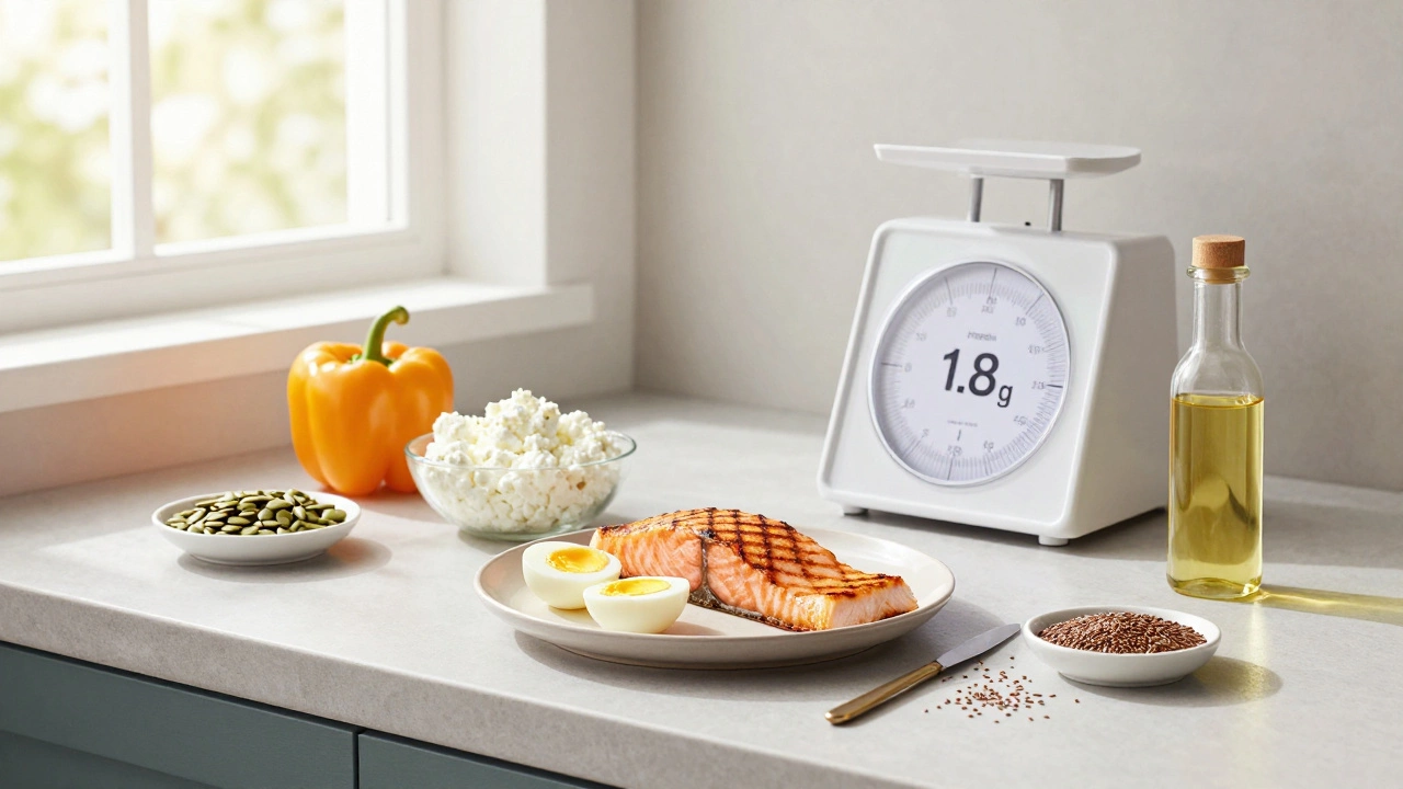 На столе сбалансированная еда после травмы: рыба, яйца, овощи, семена — питание как строительные материалы.