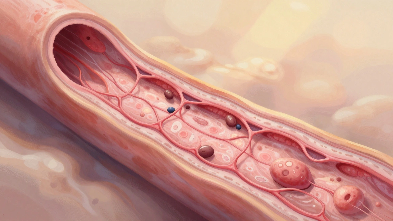 Поперечный разрез поврежденной связки, показывающий розовую грануляционную ткань и коллагеновые волокна.