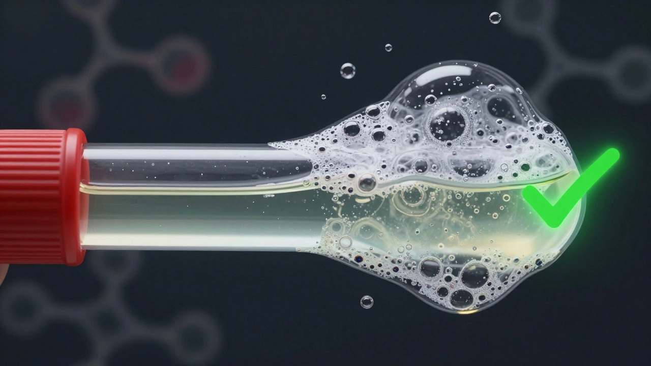 Проба мочи с разделением: чистая жидкость и мыльные остатки, символизирующие точность и загрязнение.